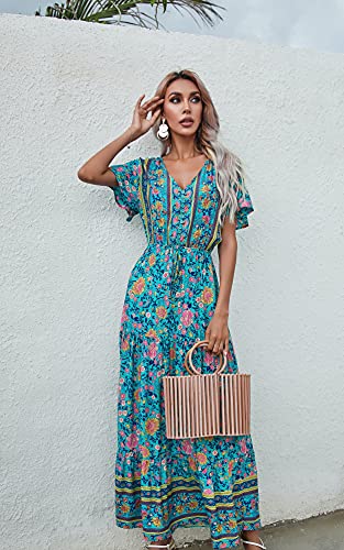 R.Vivimos Womens Summer Boho Floral Print V Neck Flowy Dress - color: Green, size: Small