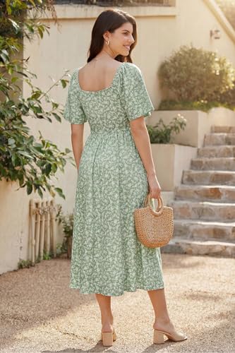 OUGES Women's V Neck Maternity Dress Baby Shower Midi Dresses with Pockets - color: Green Floral, size: Large