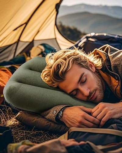 Inflatable Camping Pillow – Ultralight Compact Travel Pillow, Picnic–Green - color: Green