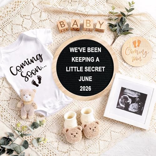 Pregnancy Announcement, Baby Announcement Ideas Set Include Letter Board, Baby Bodysuit, Booties, Sonogram Frame, Wooden Sign, Bear & Wood Blocks, Gender Reveal Photo Props Coming Soon Announcement