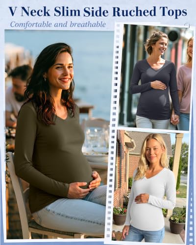 Neer 4 Pack Maternity Long Sleeve V Neck Under Scrub Tops - color: Black, White, Dark Gray, Army Green, size: Medium