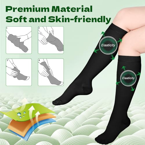 2 Pairs 20-30mmHg Knee High Compression Socks for Women,Closed Toe - color: Black, size: X-Large