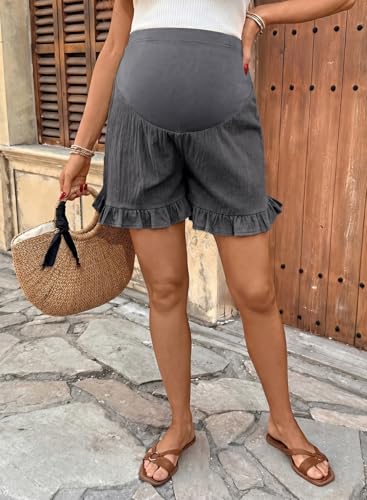BLENCOT Maternity Shorts Over Belly Ruffle Hem Pregnancy Clothes - color: Grey, size: Large