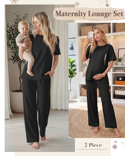 2Pc Postpartum Nursing Pajamas Set - color: Black, size: Medium