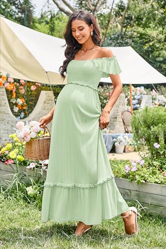 OUGES Women's Ruffle Sleeve Summer Baby Shower Maternity Photoshoot Dress - color: Light Green, size: Medium