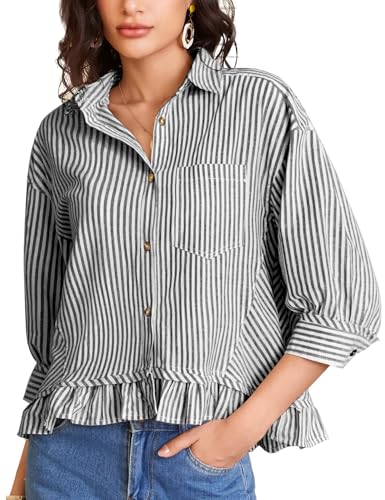 Flygo Womens Striped Button Down Shirts Cropped 3/4 Sleeve Ruffled Blouses - color: Black, size: Large