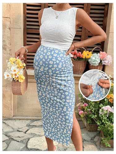 Milumia Women's Maternity Two Piece Set Tank Top and Floral Midi Skirt Sets - color: Blue Multi, size: Medium
