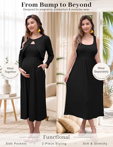 2 PCS Maternity Dress with Cardigan Set, Tank Maxi Pregnancy Dresses - color: Black, size: Large