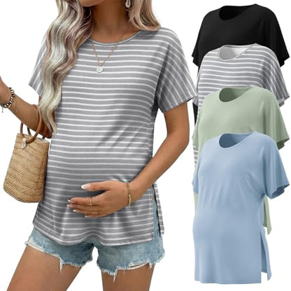 Ekouaer 4 Pack Maternity Shirts Short Sleeve Pregnancy Casual Tunic Tops - color: Black/Light Blue/Light Green/Gray White Stripes, size: Medium