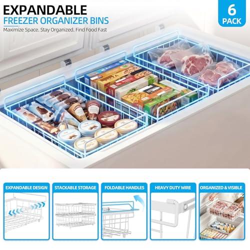6 Pack Expandable Freezer Organizer Bins, Stackable Chest Freezer Basket - color: White, size: 6 Packs