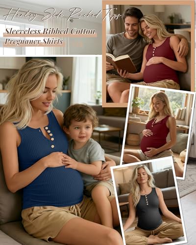 3 Pack Maternity Tank Tops Ribbed Tops - color: Wine Red, Navy Blue, Black, size: X-Large