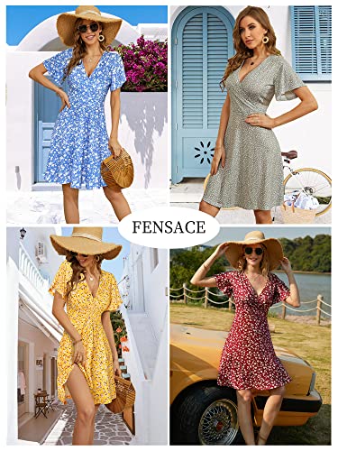 FENSACE Women Sundress Summer Wrap V Neck Flowy Midi Dress - color: Red, size: Medium