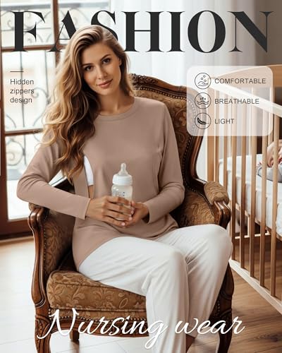 Women's Cotton Modal Maternity Nursing Tops - color: Khaki, size: XX-Large