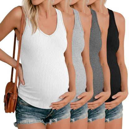 Neer 4 Pack Maternity Ribbed Tank Tops - color: White, Light Heather Gray, Dark Heather Gray, Black, size: Medium