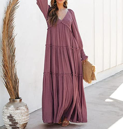 R.Vivimos Long Sleeve V Neck Flowy Maxi Dresses for Women - color: Darkrose, size: Large