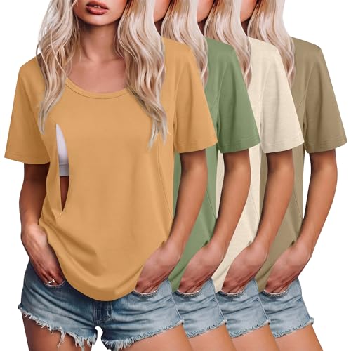 Ficerd 4 Pack Women's Maternity Nursing Shirts - color: Orange, Sage Green, Beige, Bean Green, size: Small