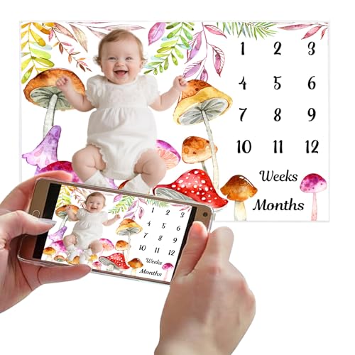 Mushroom Baby Monthly Milestone Blanket Watercolor Tropical, 60x40in - color: Green, size: 60x40in