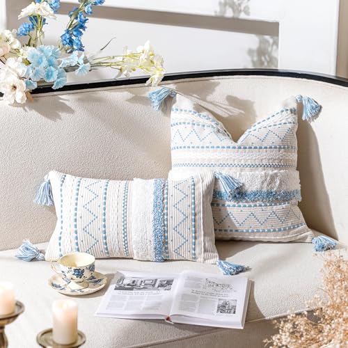 BlissBlush 18X18 Throw Pillow Cover, Coastal Blue Square Decorative Cushion Cover, Boho Accent Pillowcase with Tassels for Couch Sofa Living Room (Cover Only) - color: Blue, size: 18" x 18" (Pack of 1)