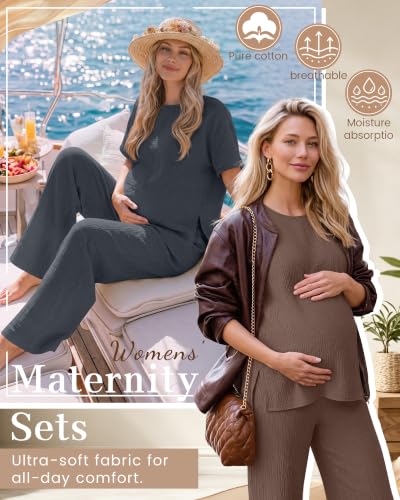 Ficerd 4 Pcs 100% Cotton Muslin Maternity Pajamas Lounge Sets - color: Dark Blue, Light Brown, size: XX-Large