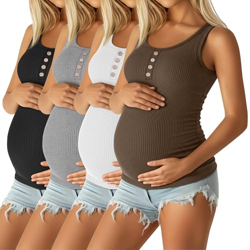 4 Pack Maternity Henley Tank Tops - color: Coffee, White, Light Gray, Black, size: Small