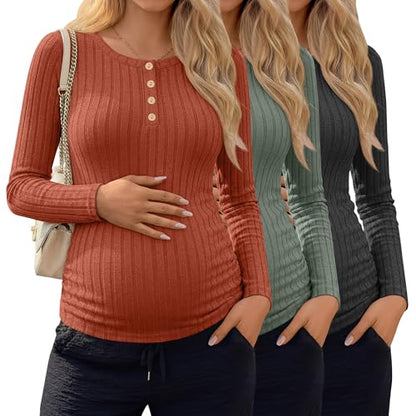 Oakgarden 3 Pack Womens Maternity Sweaters Henley Pregnancy Tops - color: Dark Gray, Bean Green, Caramel, size: Small