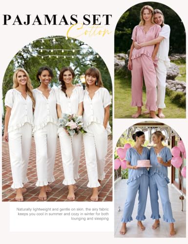 COZYPOIN Womens Cotton Pajamas Set Cute Ruffle Pjs - color: White, size: Medium