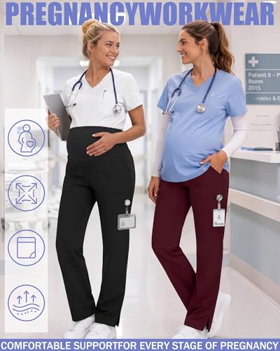 2 Pack Womens Maternity Pants Scrub with 6 Pockets - color: Black, Dark Red, size: XX-Large