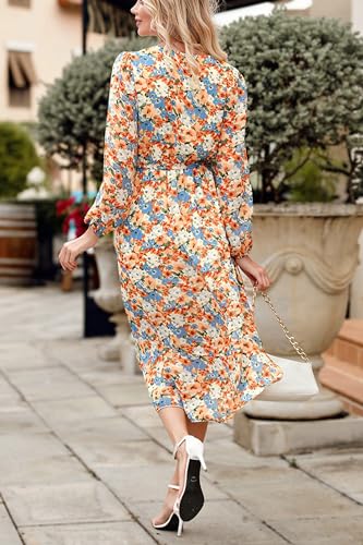 PRETTYGARDEN Womens Long Sleeve Boho Maxi Fall Floral Wedding Guest Dresses - color: Floral Yellow, size: Small