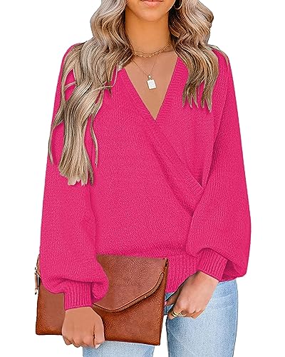 LookbookStore Women's Knit Long Sleeve Faux Wrap Surplice V Neck Sweater Top - color: Magenta, size: Small
