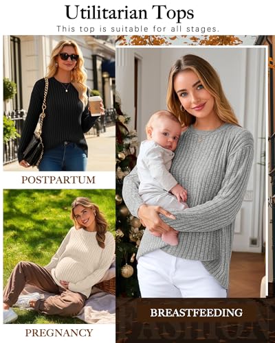 3 Pack Women's Long Sleeve Nursing Shirts - color: Cream, Gray, Black, size: Large