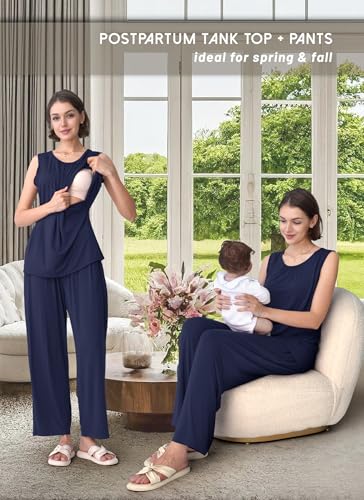 Rnxrbb 3 PCS Nursing Pajamas Robe Set Maternity Postpartum Pjs for Hospital - color: Navy, size: Small