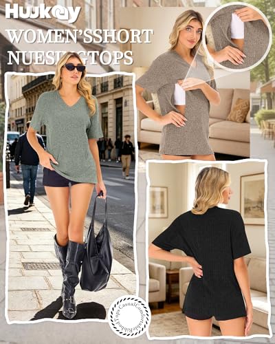 Huukeay 3 Pack Women's V Neck Nursing T-Shirts - color: Khaki, Army Green, Black, size: Large