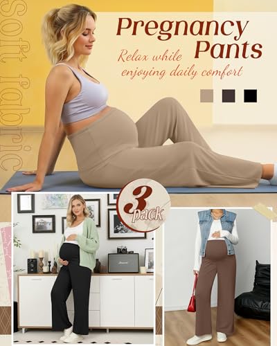 3 Pack Women's Maternity Lounge Pants Soft Sweatpants - color: Khaki, Coffee, Black, size: XX-Large