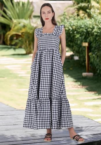 chouyatou Women's Retro Plaid Smocked Dress Spaghetti Strap Flounce Long Dress - color: Black, size: Medium