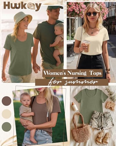 Huukeay 3 Pack Women's Nursing Shirts - color: Gray Green, Cream, Coffee, size: Large