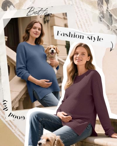 3 Pack Women's Maternity Waffle Knit Shirts - color: Blue, Fuchsia, Beige, size: Medium