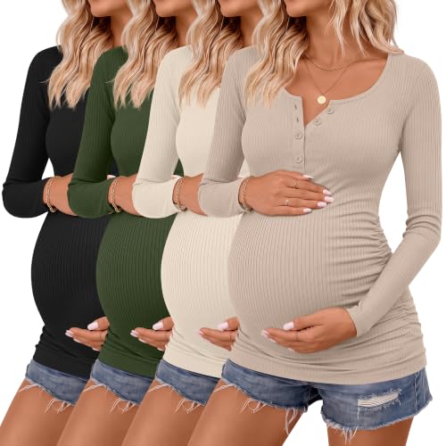4 Pack Maternity Long Sleeve Shirts Pregnancy Tops - color: Black, Army Green, Apricot, Mocha, size: Small