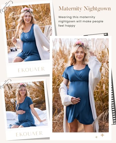 Nursing Nightgown Short Sleeve Breasfeeding Birthing Gown Maternity Dress - color: Blue, size: Medium