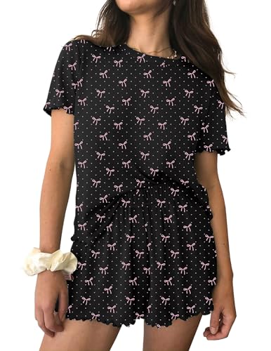 Ekouaer Womens Pajamas 2 Piece Ribbed Knit Pjs Short Sleeve Lounge Sets - color: Black Bow Tie, size: Large