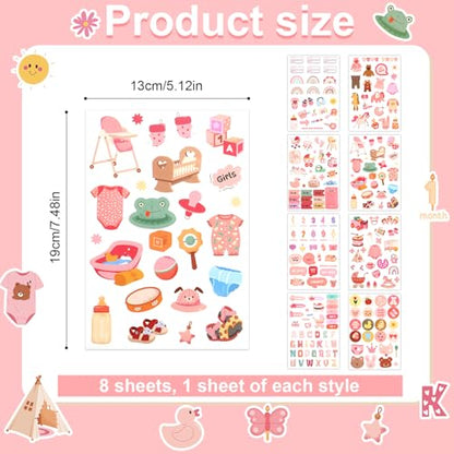 8 Sheets Baby Girl Scrapbook Stickers, Various Patterns