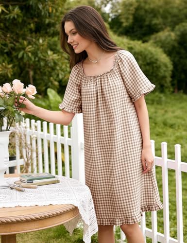 Flygo Womens Gingham Nightgown Cotton Pullover House Dress with Pockets - color: Brown, size: Small