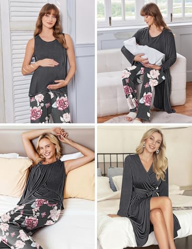 Ekouaer Maternity Pajamas Nursing Robe Set 3 Pieces Post Partum Lounge Sets - color: Medium Gray, size: Large