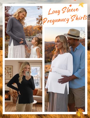 3 Pack Women Maternity Shirts Long Sleeve Pregnancy Tops with Thumb Hole - color: Black/White/Deep Grey, size: X-Large