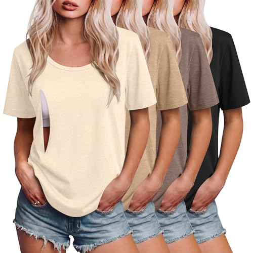 Ficerd 4 Pack Women's Maternity Nursing Shirts - color: Cream, Light Camel, Coffee, Black, size: XX-Large