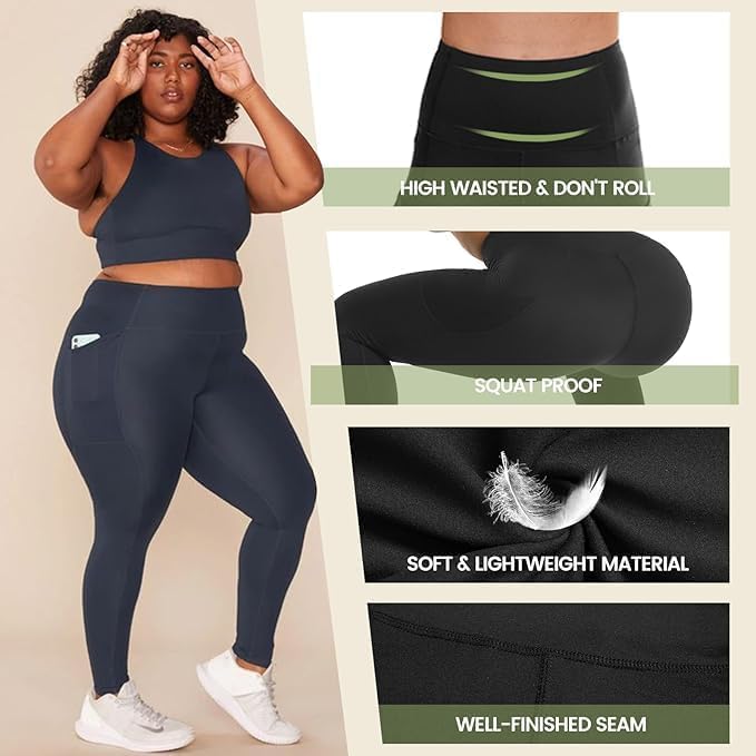 HLTPRO 3 Pack Plus Size Leggings with Pockets for Women - Soft High Waisted - color: Black/ Navy Blue/ Brown, size: Small-Medium