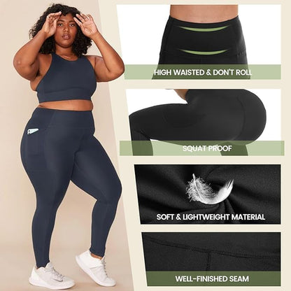 HLTPRO 3 Pack Plus Size Leggings with Pockets for Women - Soft High Waisted - color: Black/ Navy Blue/ Brown, size: Small-Medium