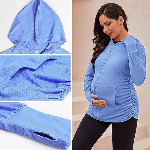 DEBELLY Maternity Sweatshirt Zip Up Hoodie Pockets Pregnancy Postpartum - color: Light Blue, size: Medium