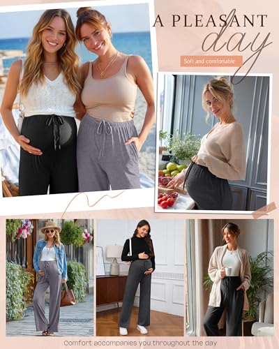 3 Pack Maternity Wide Leg Pants Pregnancy Pants - color: Light Gray, Dark Gray, Black, size: X-Large