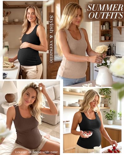 Ficerd 3 Pack Women's Maternity Ribbed Tank Tops - color: Khaki, Brown, Black, size: Small