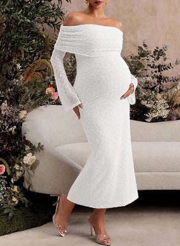 BLENCOT Womens Off Shoulder Flare Sleeve Split Bodycon Maternity Dress - color: White, size: Large